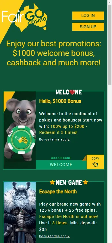 Fair Go Casino promotions area on a mobile device