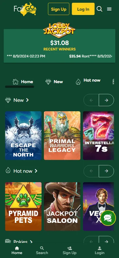 Fair Go Casino home screen on a mobile device