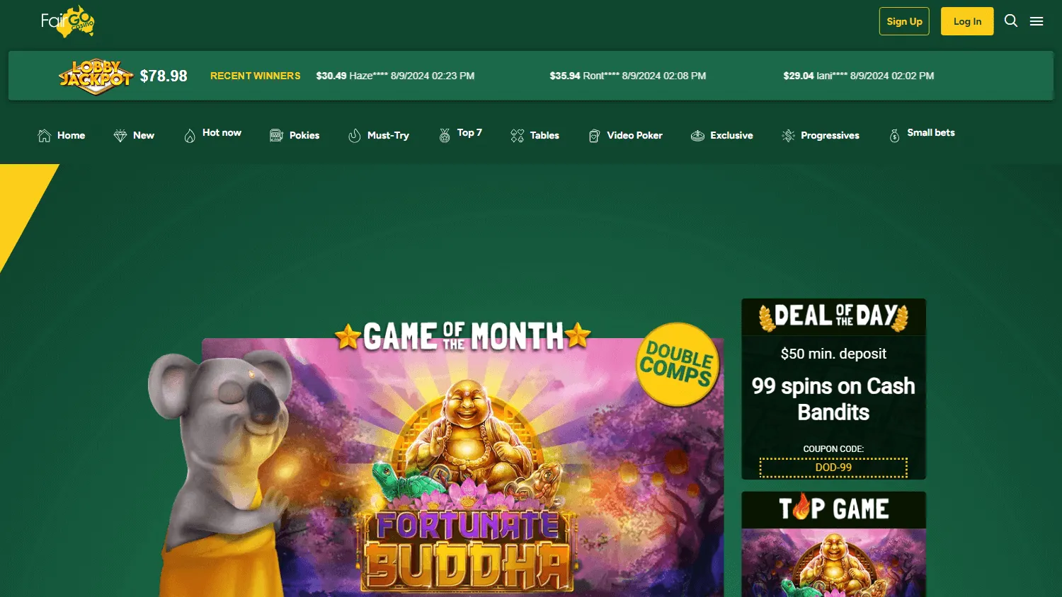 Fair Go Casino home screen on desktop